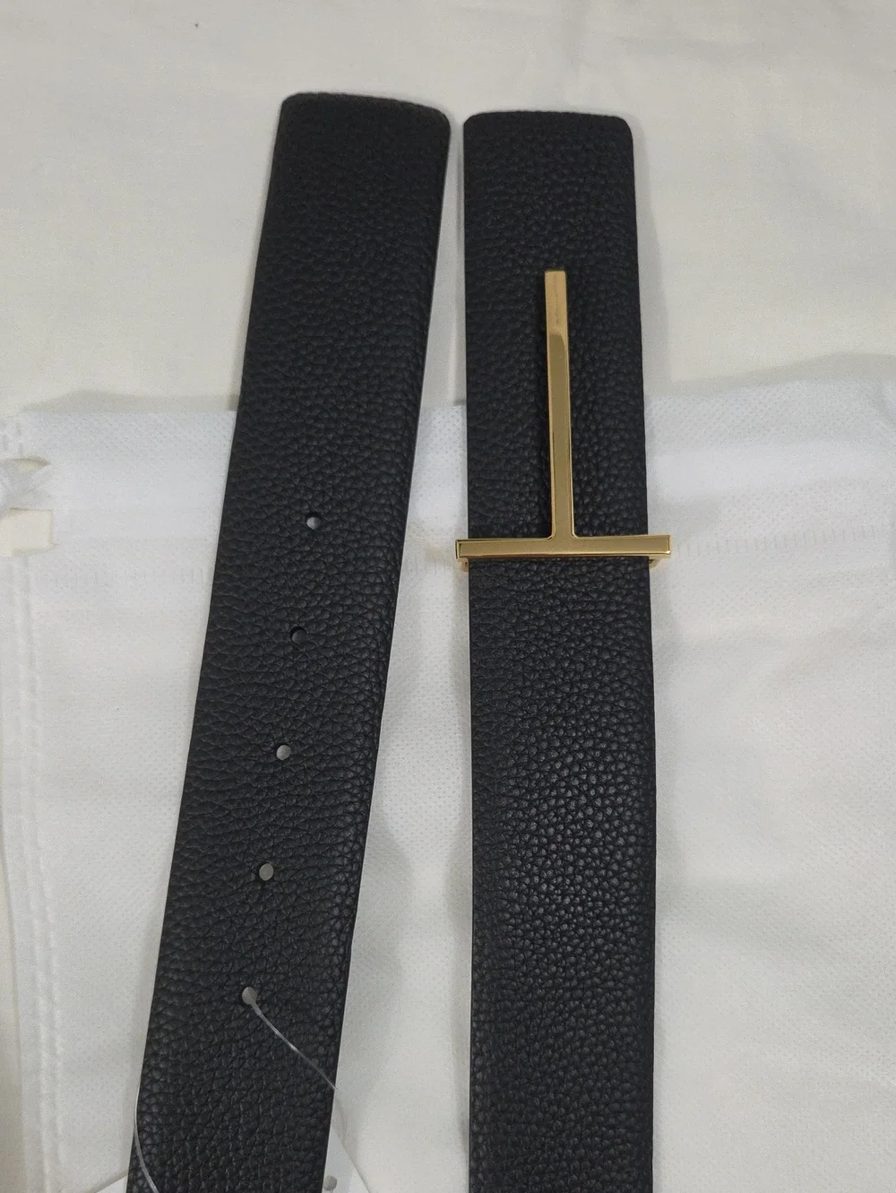 Tom Ford Black Leather Belt Gold T Accent Buckle